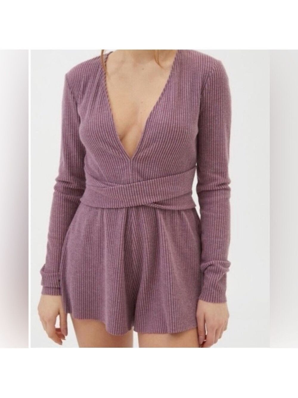 Urban Outfitters cotton Purple Ribbed Long Sleeve belted Romper nwt small - Picture 1 of 11